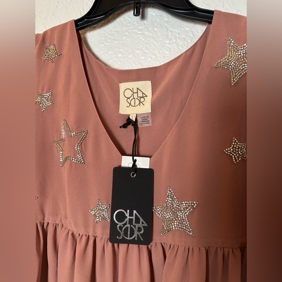 NWT Chaser Beaded Star Split Long Sleeve Pink Maxi Dress - Picture 3 of 5